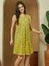 Janasya Women's Olive Green Pure Cotton Abstract Printed A-line Dress